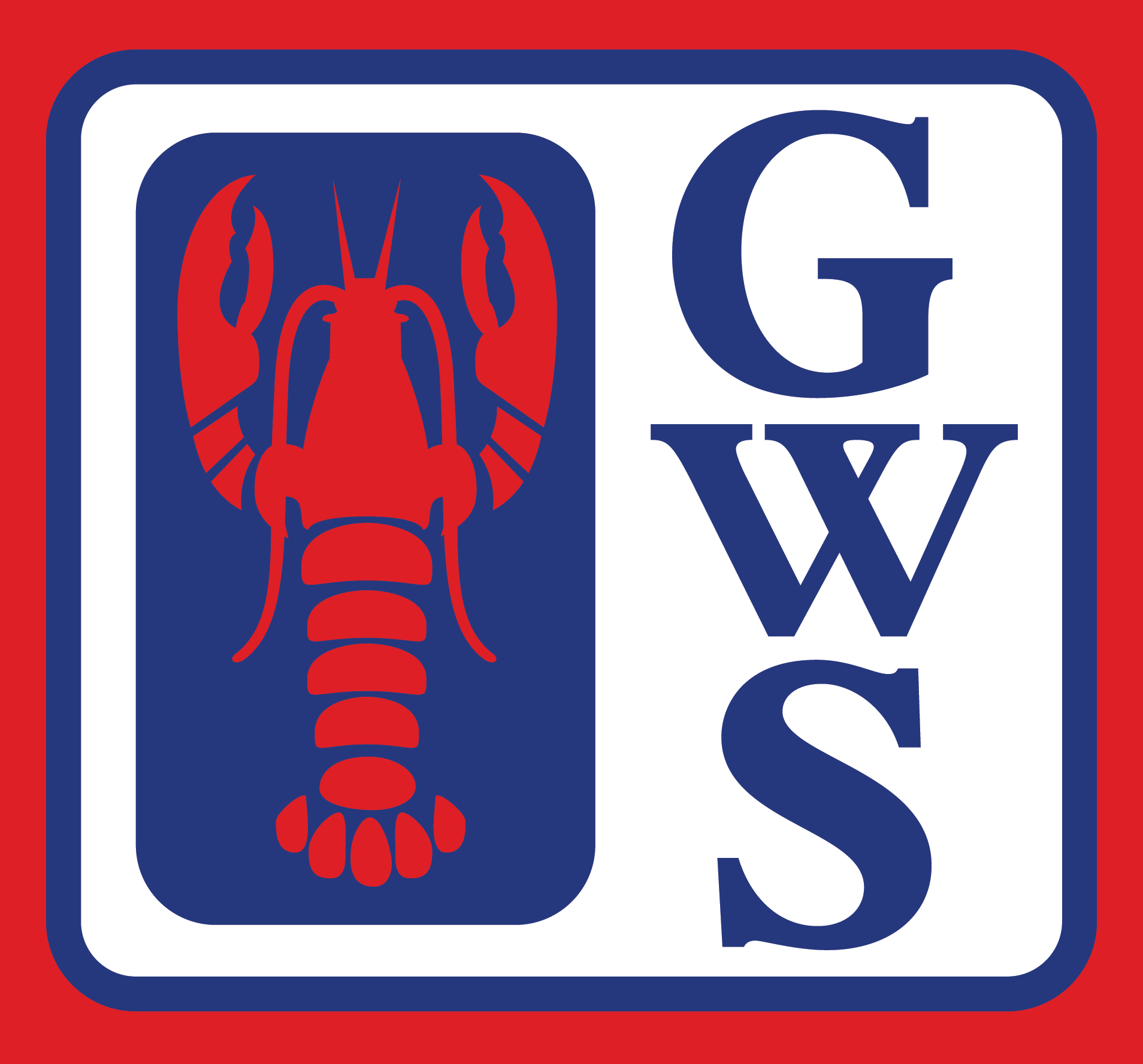 Red, white and blue Gardner's Wharf Seafood square logo with a red Lobster to the left and navy blue GWS positioned vertically to the right